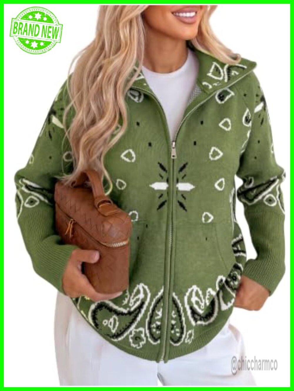 Women Zip Up Cardigan Sweater Stand Collar Fuzzy Knit Jacquard Print